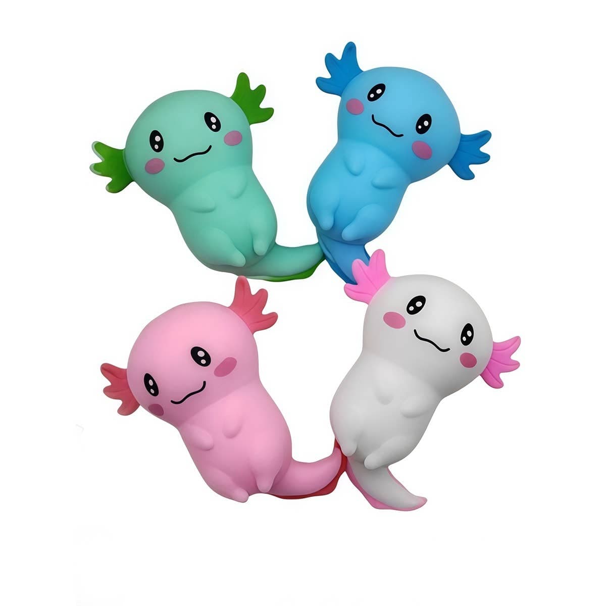 Squishy axolotls in green, blue, pink and white