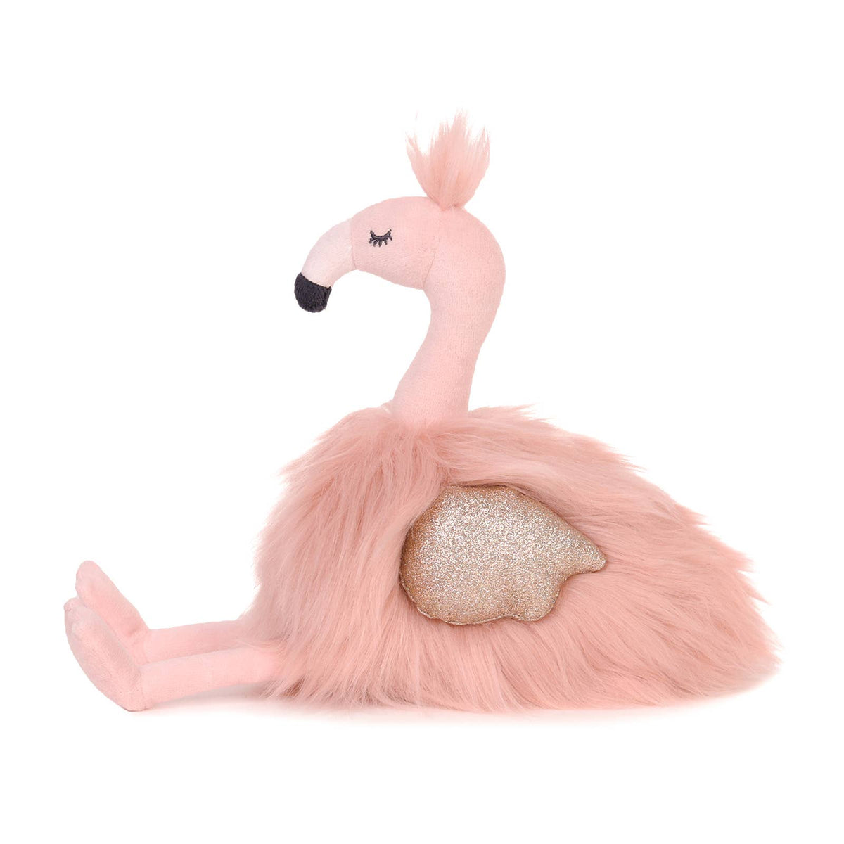 Gloria the Flamingo sitting, showing a sparkly wing