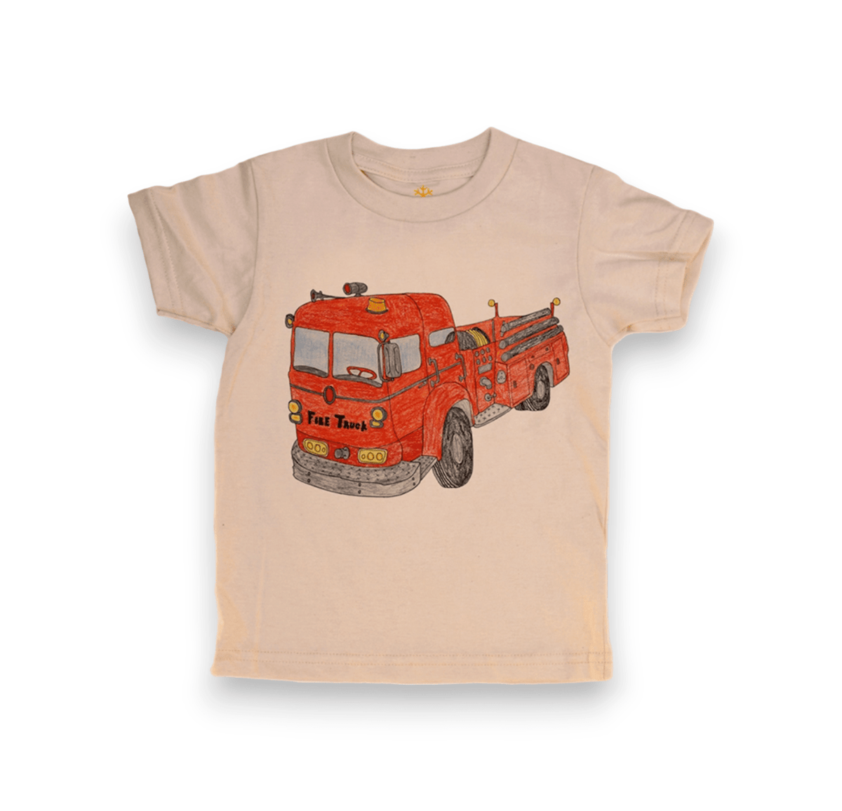 Orange Heat organic tee in pale peach with a red vintage fire truck illustration
