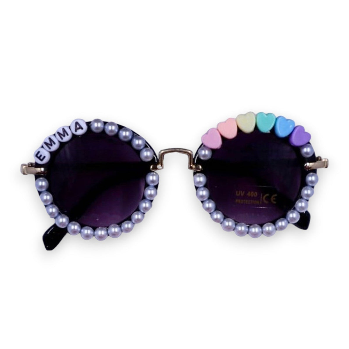 Black pearl-trimmed sunglasses personalized with the name Emma