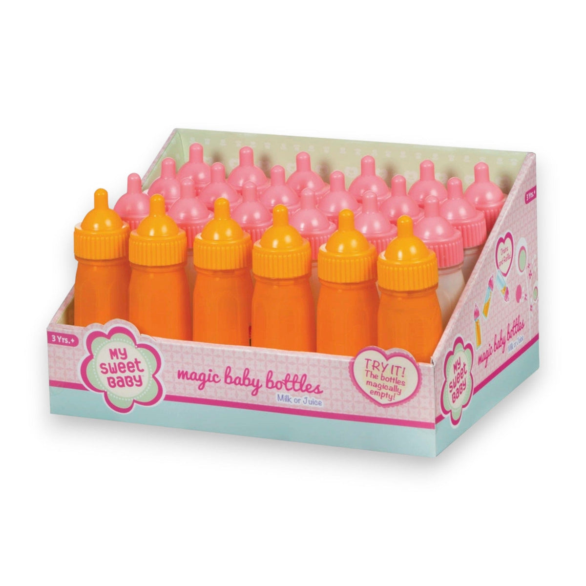 Display box of magic baby bottles with milk and orange juice