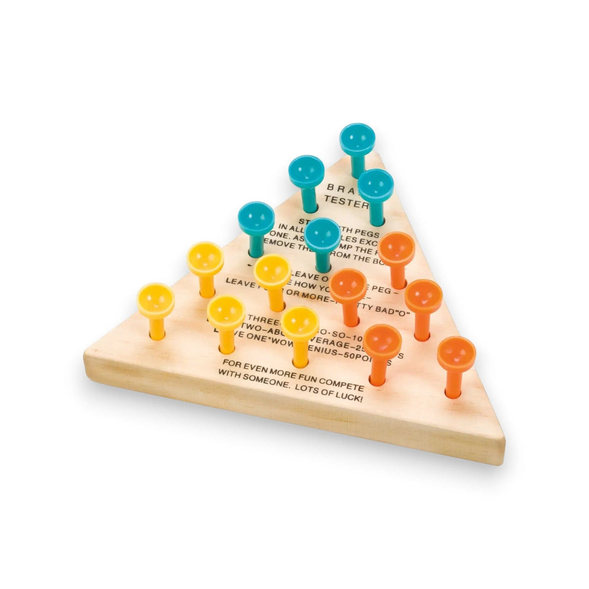 Wooden triangle peg game with teal, yellow and orange pegs