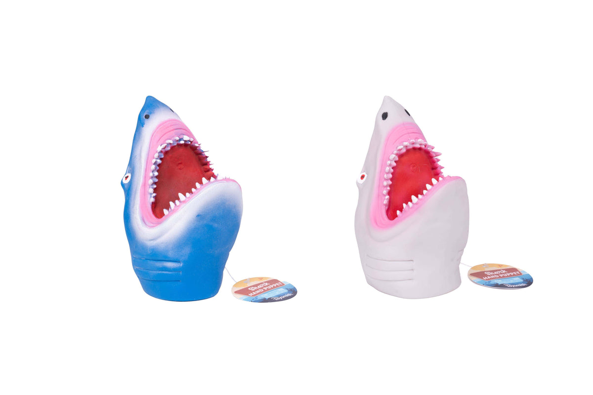 Blue and white shark hand puppets with their tags