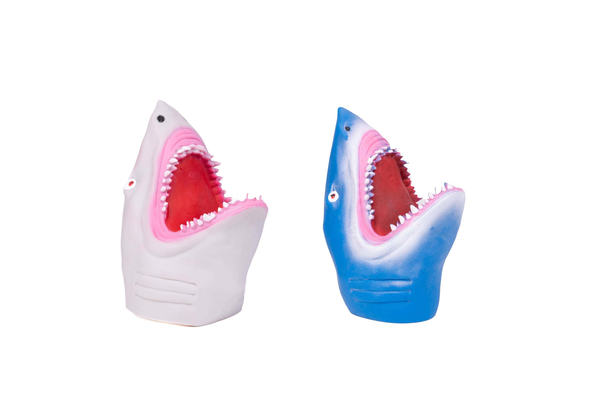 White and blue shark hand puppets with open mouths